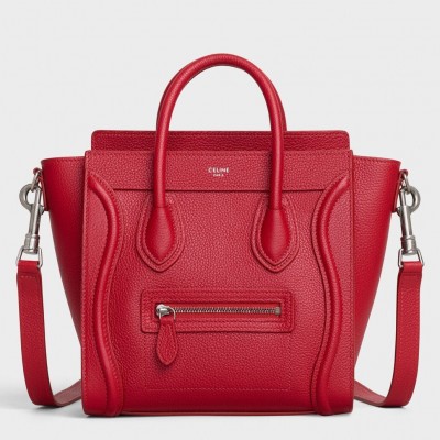 Celine Nano Luggage Tote Bag In Red Drummed Calfskin CCBS24129