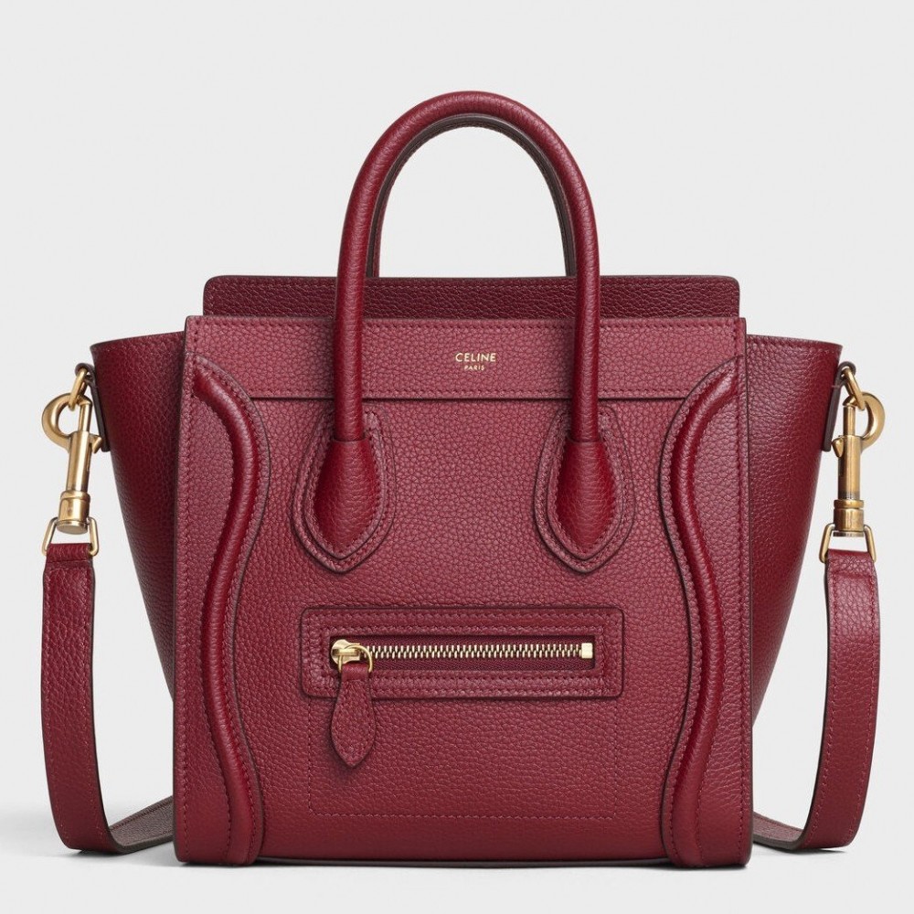 Celine Nano Luggage Tote Bag In Ruby Drummed Calfskin CCBS24130