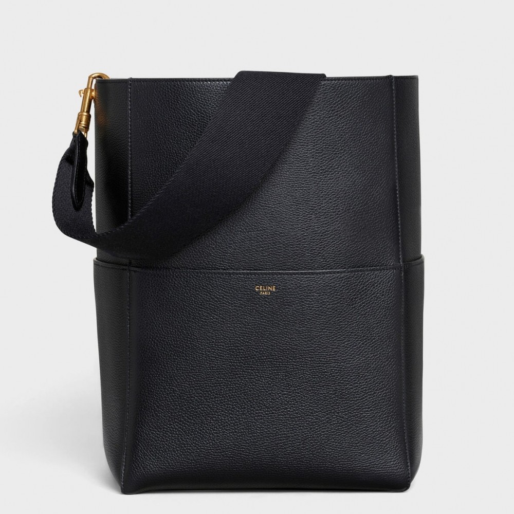 Celine Sangle Bucket Bag In Black Grained Calfskin CCBS24079